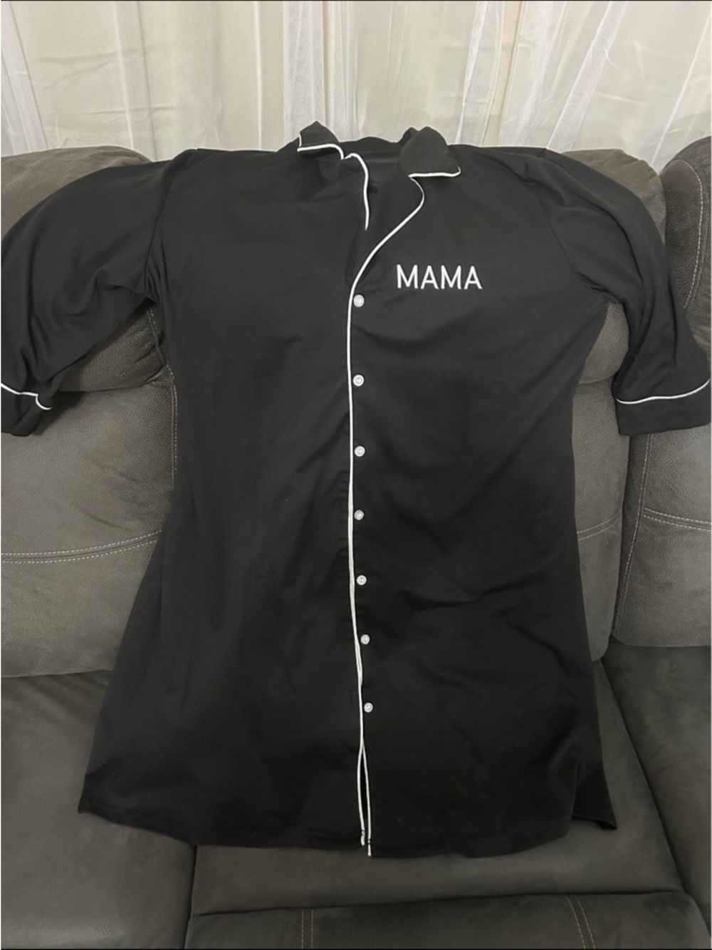 Black Button-Up Gown with "MAMA" White Embroidery